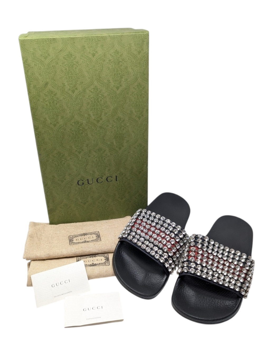 NIB Gucci Crystal Embellished Apollo Rubber Slides Sandals Size EU 42